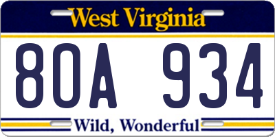 WV license plate 8OA934