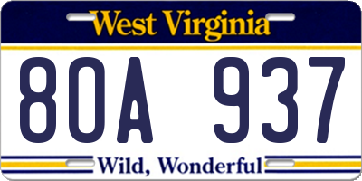 WV license plate 8OA937