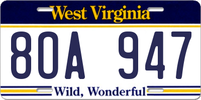 WV license plate 8OA947