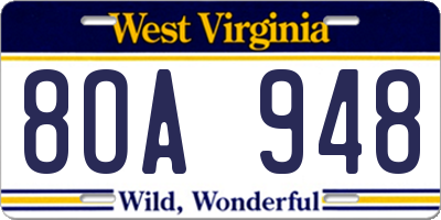 WV license plate 8OA948