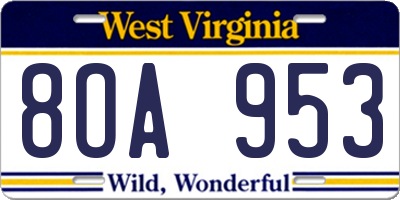 WV license plate 8OA953
