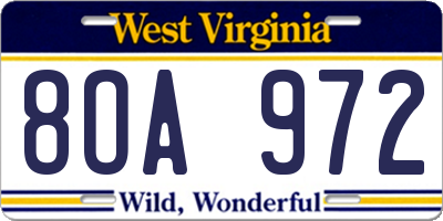 WV license plate 8OA972