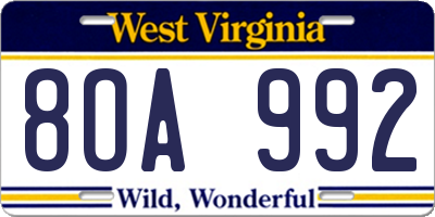 WV license plate 8OA992