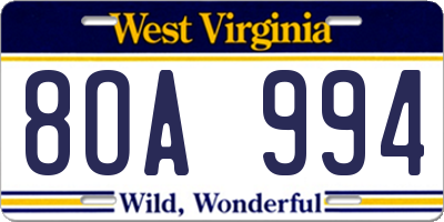 WV license plate 8OA994