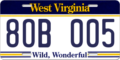 WV license plate 8OB005