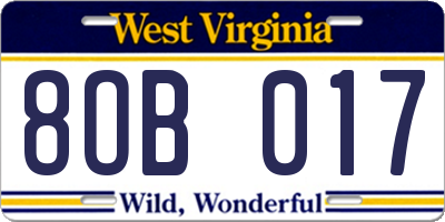 WV license plate 8OB017