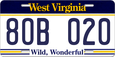 WV license plate 8OB020