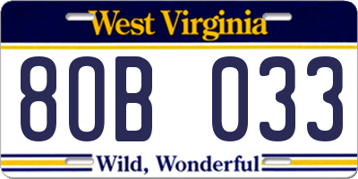WV license plate 8OB033