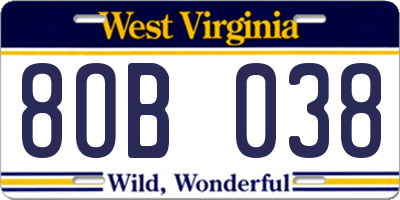 WV license plate 8OB038