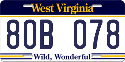 WV license plate 8OB078