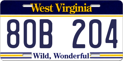 WV license plate 8OB204