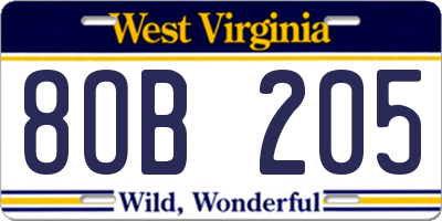 WV license plate 8OB205