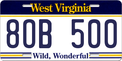 WV license plate 8OB500