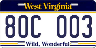 WV license plate 8OC003