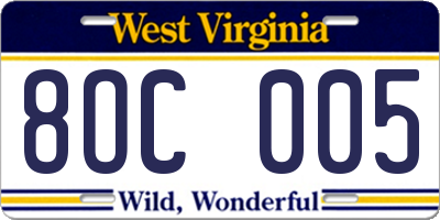 WV license plate 8OC005
