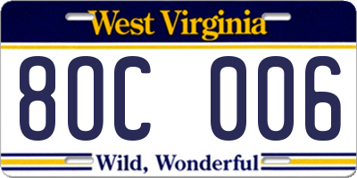 WV license plate 8OC006
