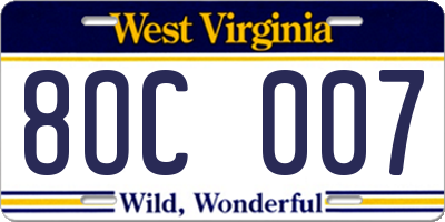 WV license plate 8OC007