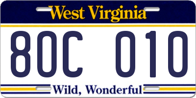 WV license plate 8OC010