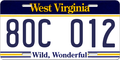 WV license plate 8OC012