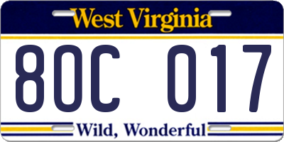 WV license plate 8OC017