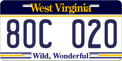 WV license plate 8OC020