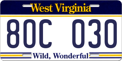 WV license plate 8OC030