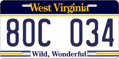 WV license plate 8OC034