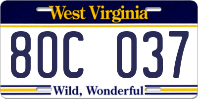 WV license plate 8OC037