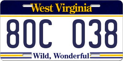 WV license plate 8OC038