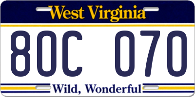 WV license plate 8OC070