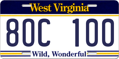 WV license plate 8OC100