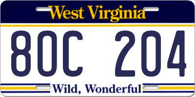 WV license plate 8OC204