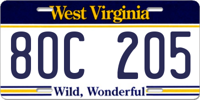 WV license plate 8OC205