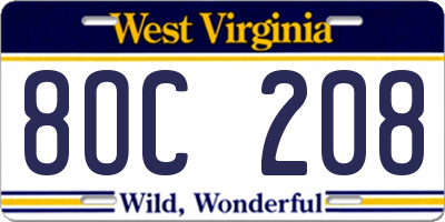 WV license plate 8OC208
