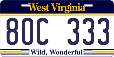 WV license plate 8OC333