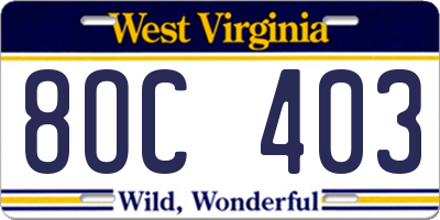 WV license plate 8OC403