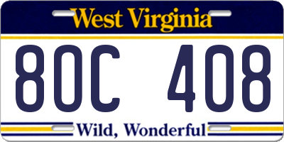 WV license plate 8OC408