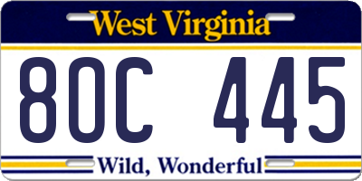 WV license plate 8OC445