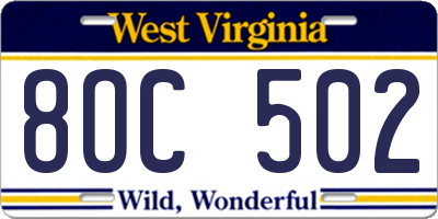 WV license plate 8OC502