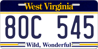 WV license plate 8OC545