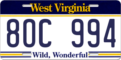 WV license plate 8OC994