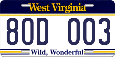 WV license plate 8OD003