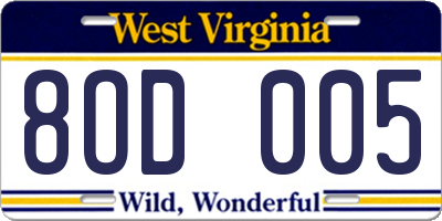 WV license plate 8OD005