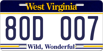 WV license plate 8OD007