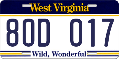 WV license plate 8OD017