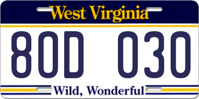 WV license plate 8OD030