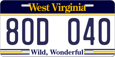 WV license plate 8OD040