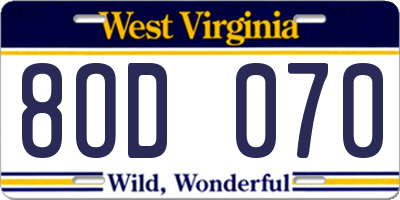 WV license plate 8OD070