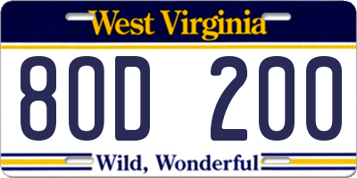 WV license plate 8OD200