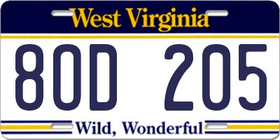 WV license plate 8OD205